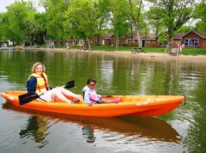 In the kayak resort in background