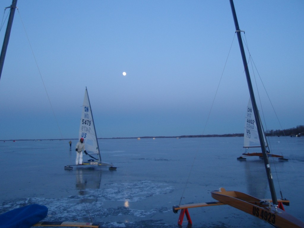 Ice Boats at Green Lake in Spicer with moon rising