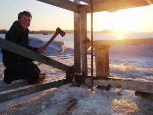 Connie chopping ice